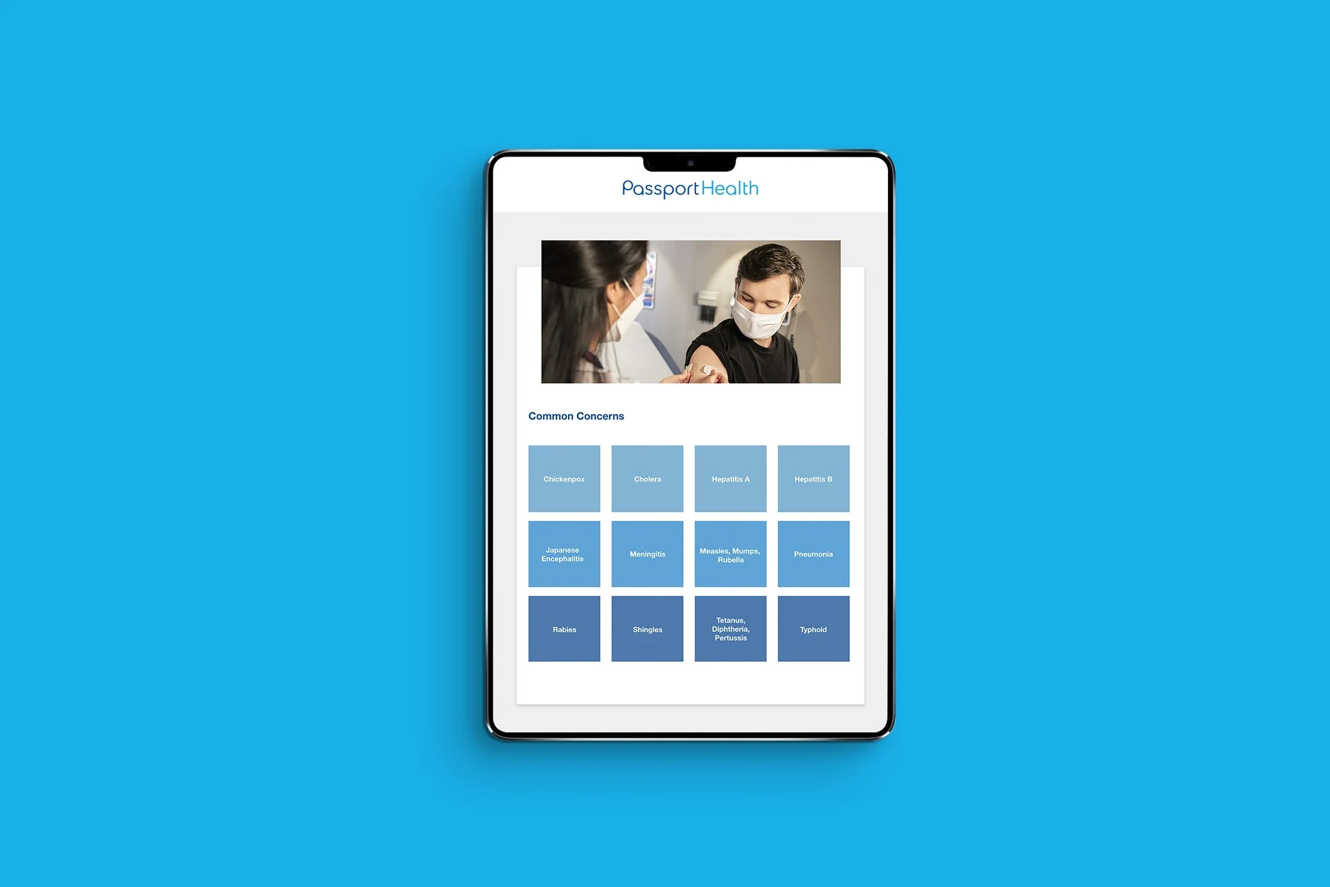 Tablet screen showing a health clinic screen UI dashboard.