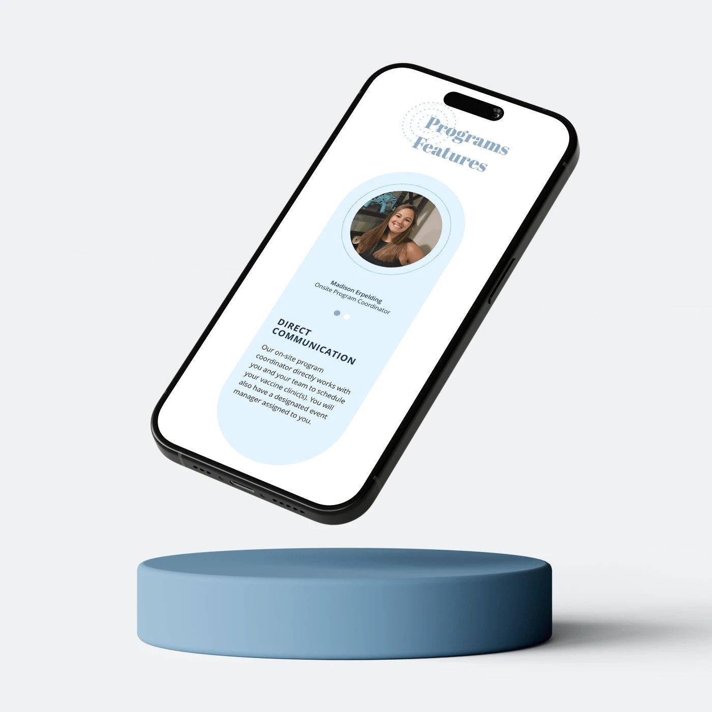 A floating mobile device showing a health clinic webpage.