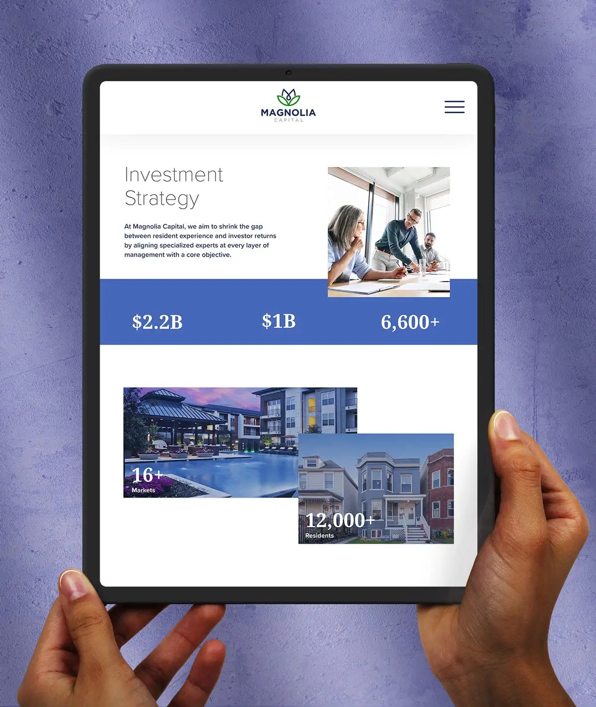 A person holding a mobile tablet with the user interface design of the website presenting one of ArtVersion's client works.