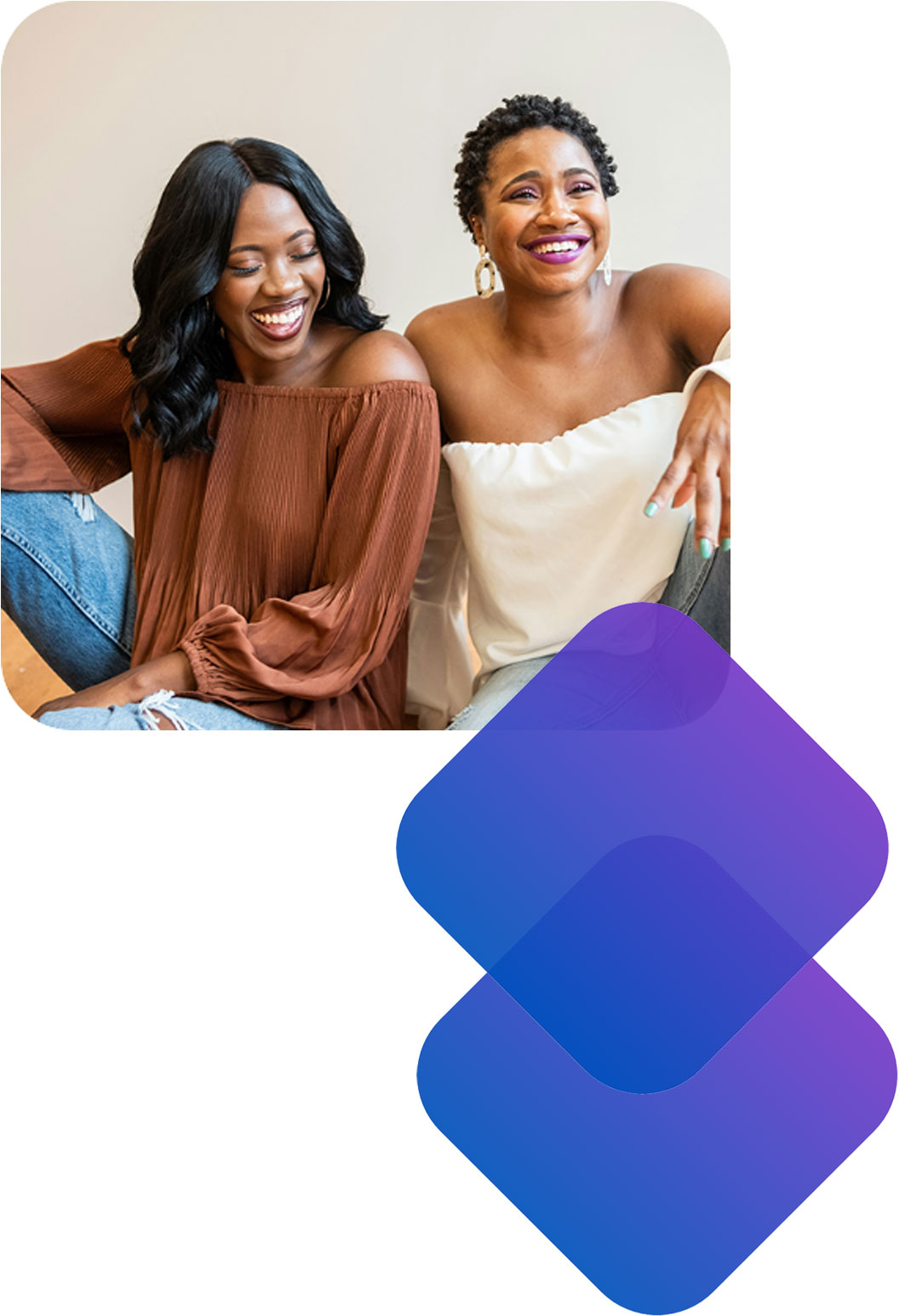 Two women smiling and sitting together in a casual setting, with layered gradient design elements used as a visual accent.