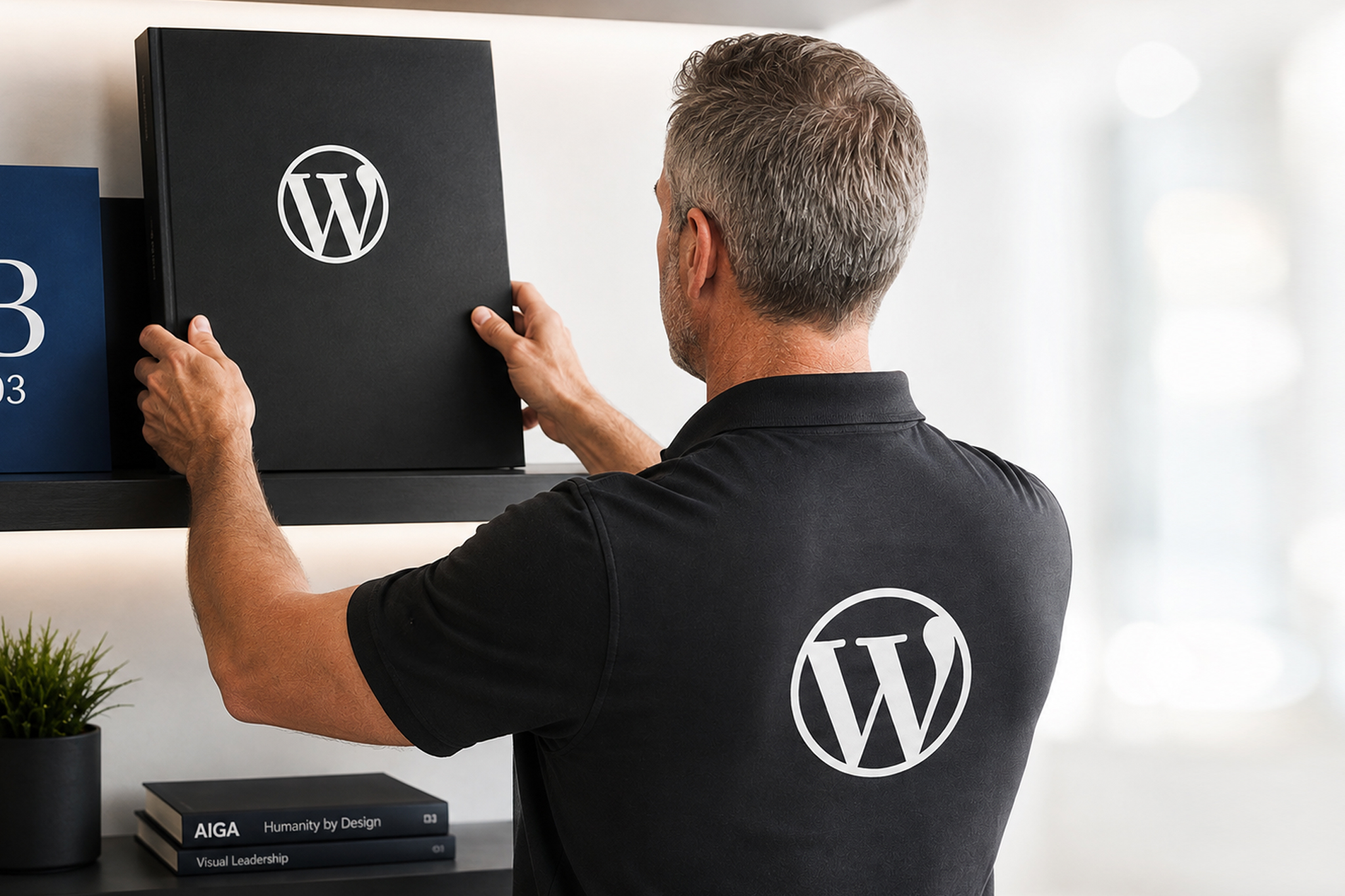 Web developer wearing a WordPress shirt reaching toward a bookshelf.