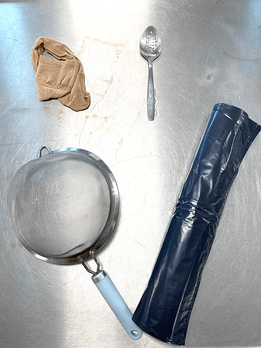 Common household items used in marine research, in clockwise from the top left corner: nylon stocking, spoon with holes, garbage bag and colander. Photo: Nadjejda Espinel-Velasco