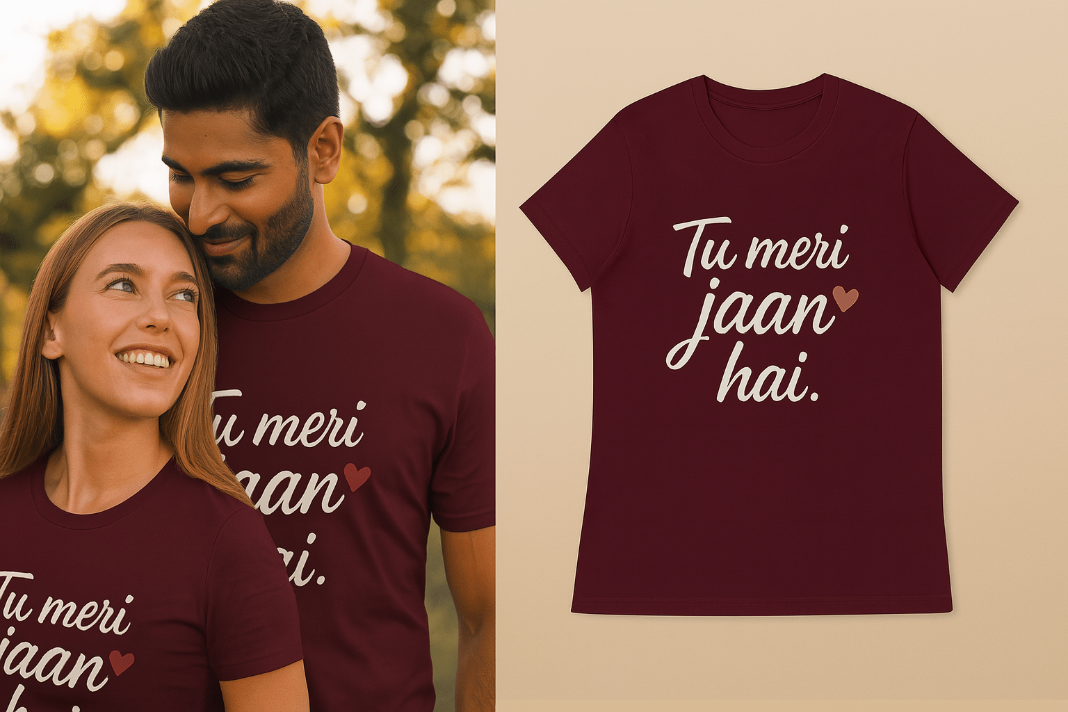 A split-image composition features a young Indian man and a blonde woman with green eyes, smiling and in love while wearing matching "Tu Meri Jaan Hai" t-shirts. On the right, the maroon unisex tee is shown in full, with romantic white script and a heart accent.