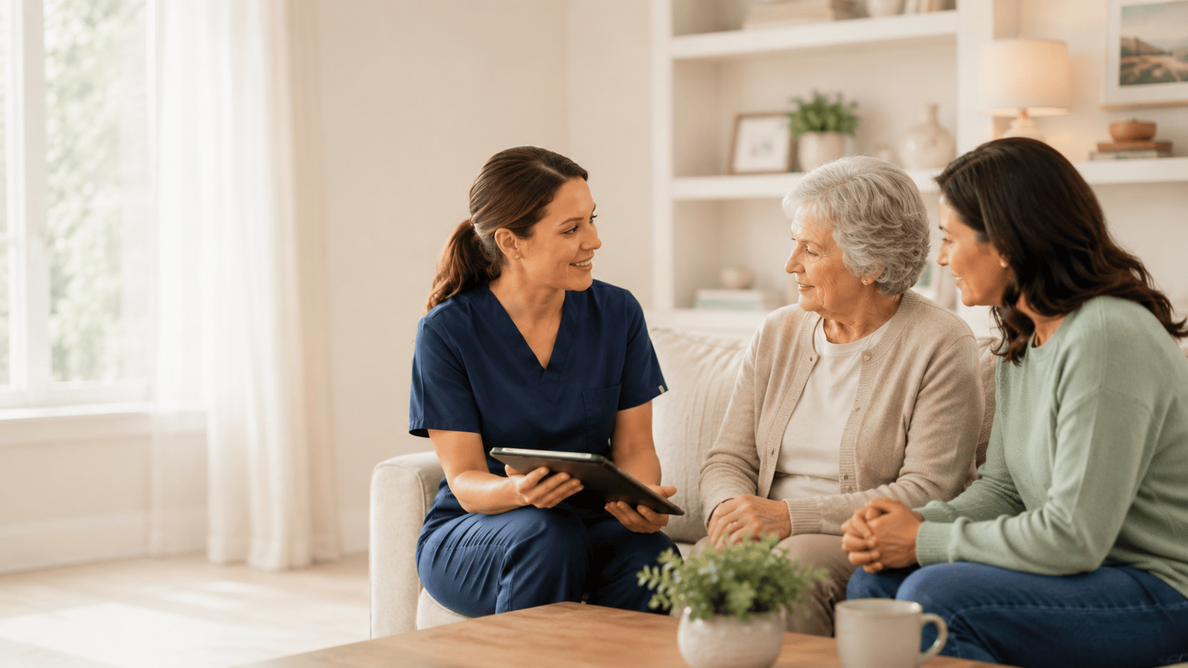 Nurse speaking with an older adult and family member during a senior care consultation