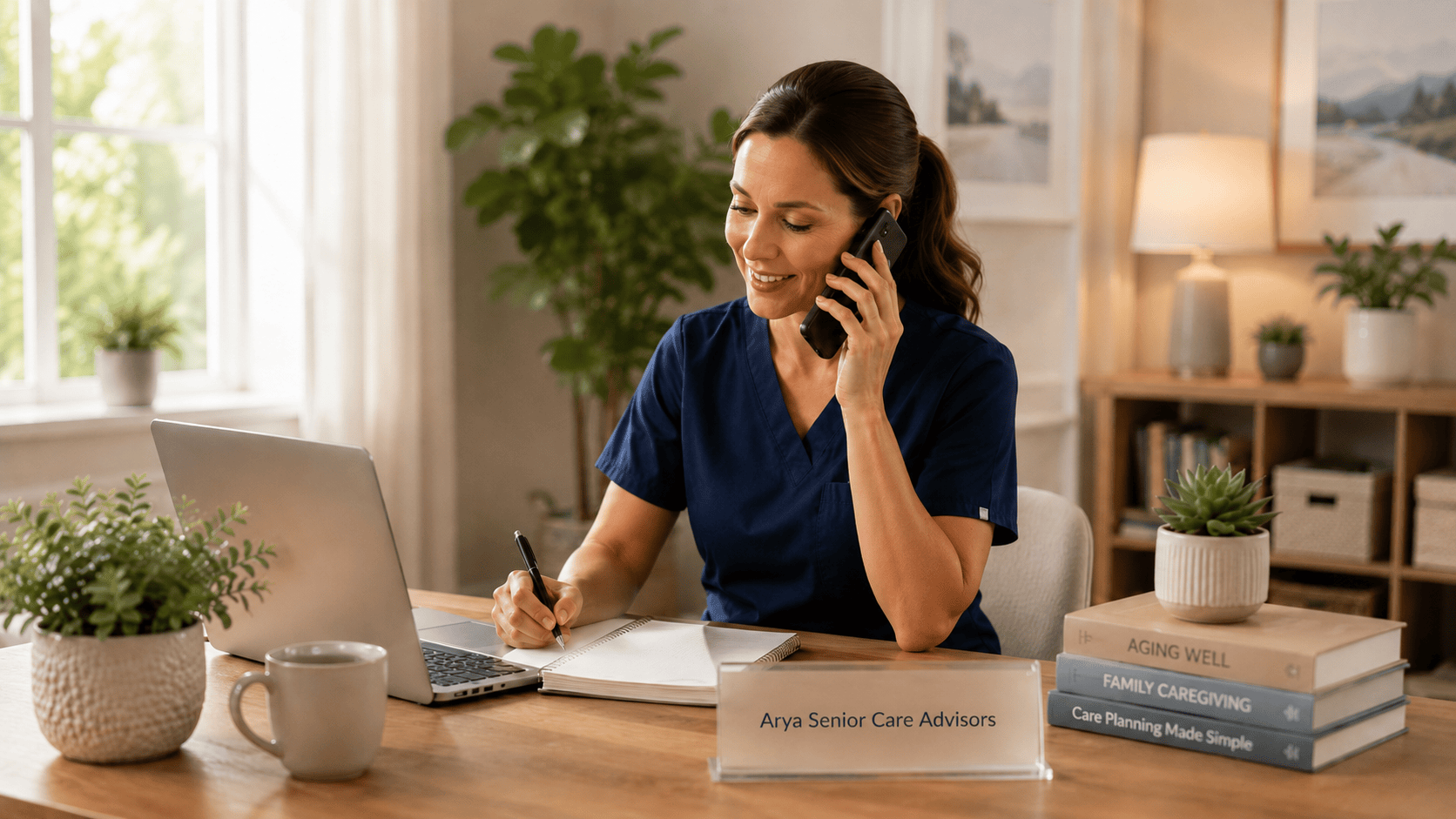 Nurse speaking by phone while coordinating senior care support