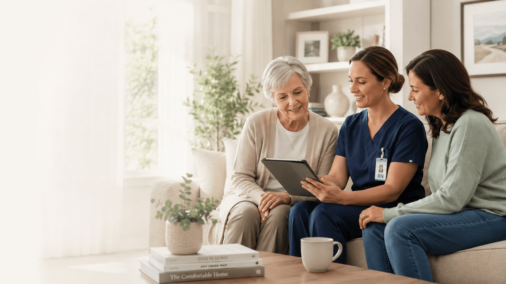 Nurse meeting with an older adult and family member in a home consultation