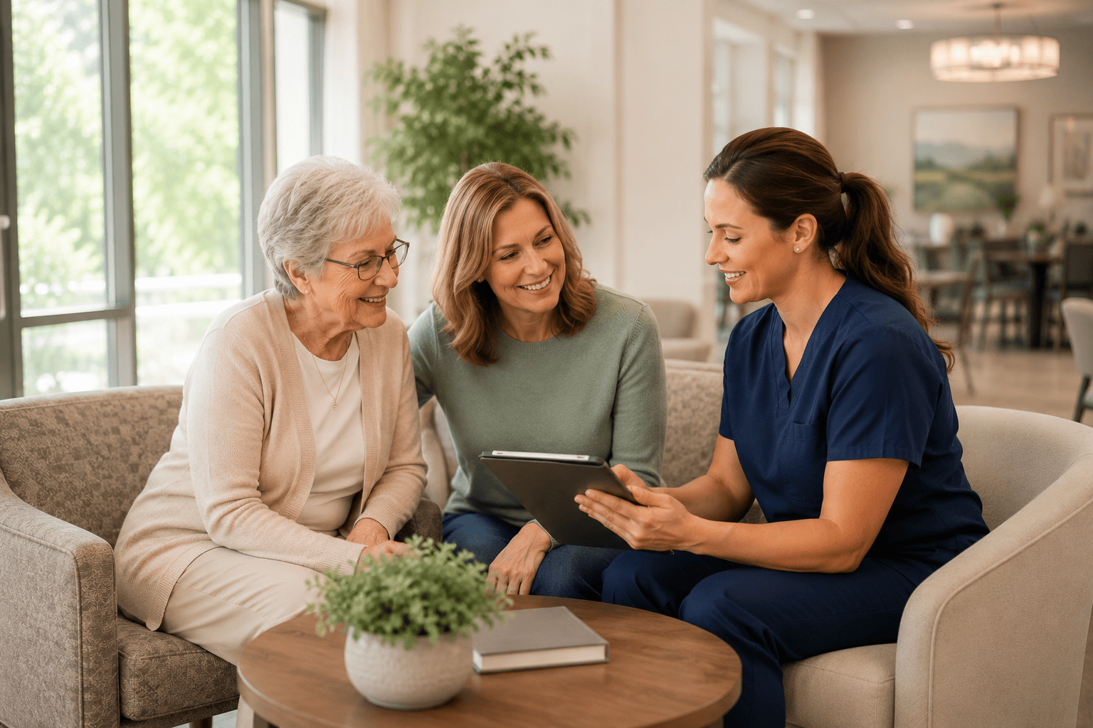 Nurse discussing care options with an older adult and family member