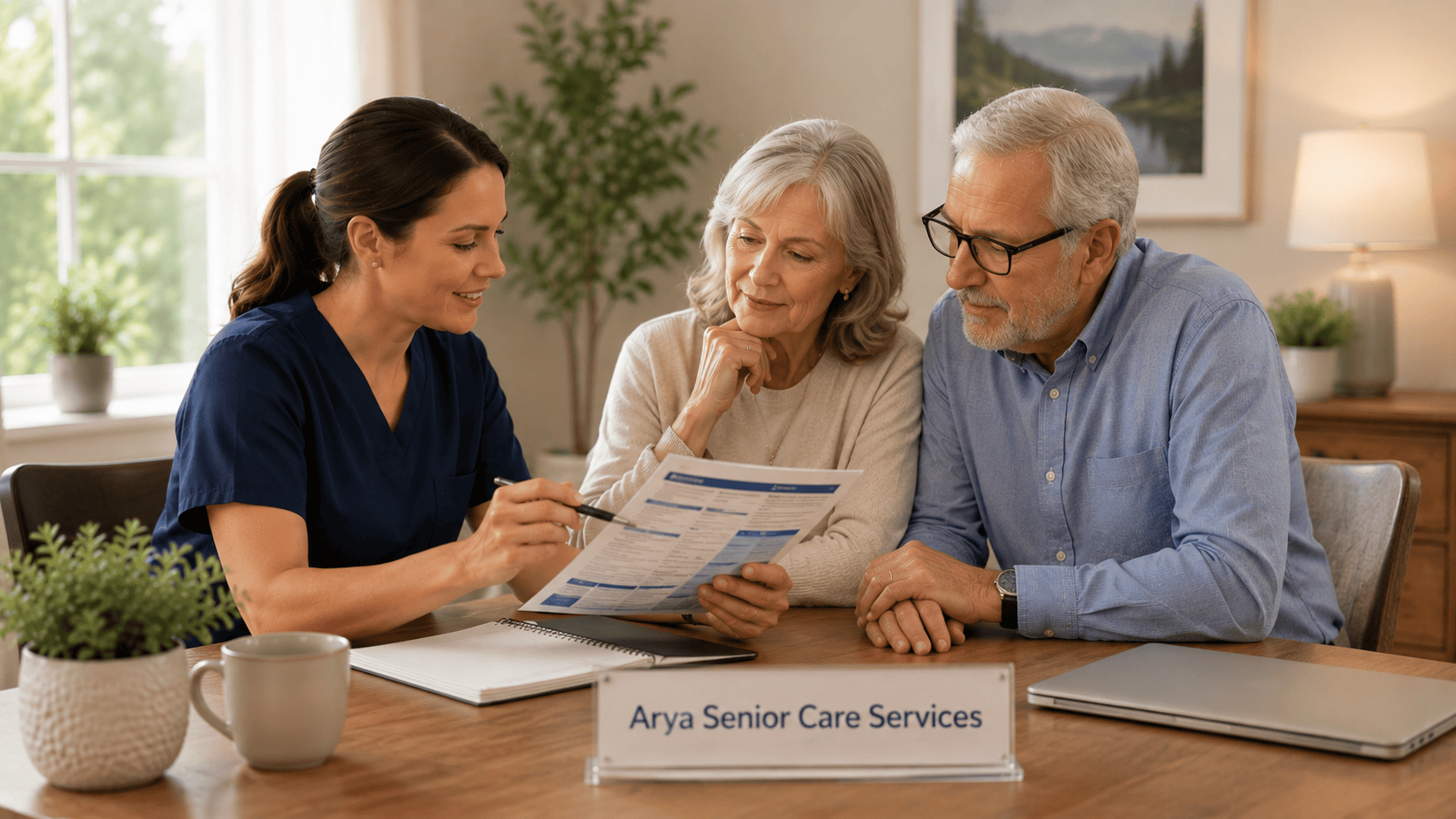 Nurse reviewing senior care services with an older couple