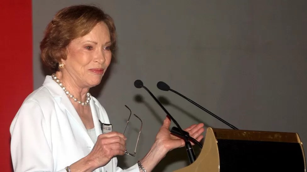 Former US first lady Rosalynn Carter speaking in New Delhi in 2006