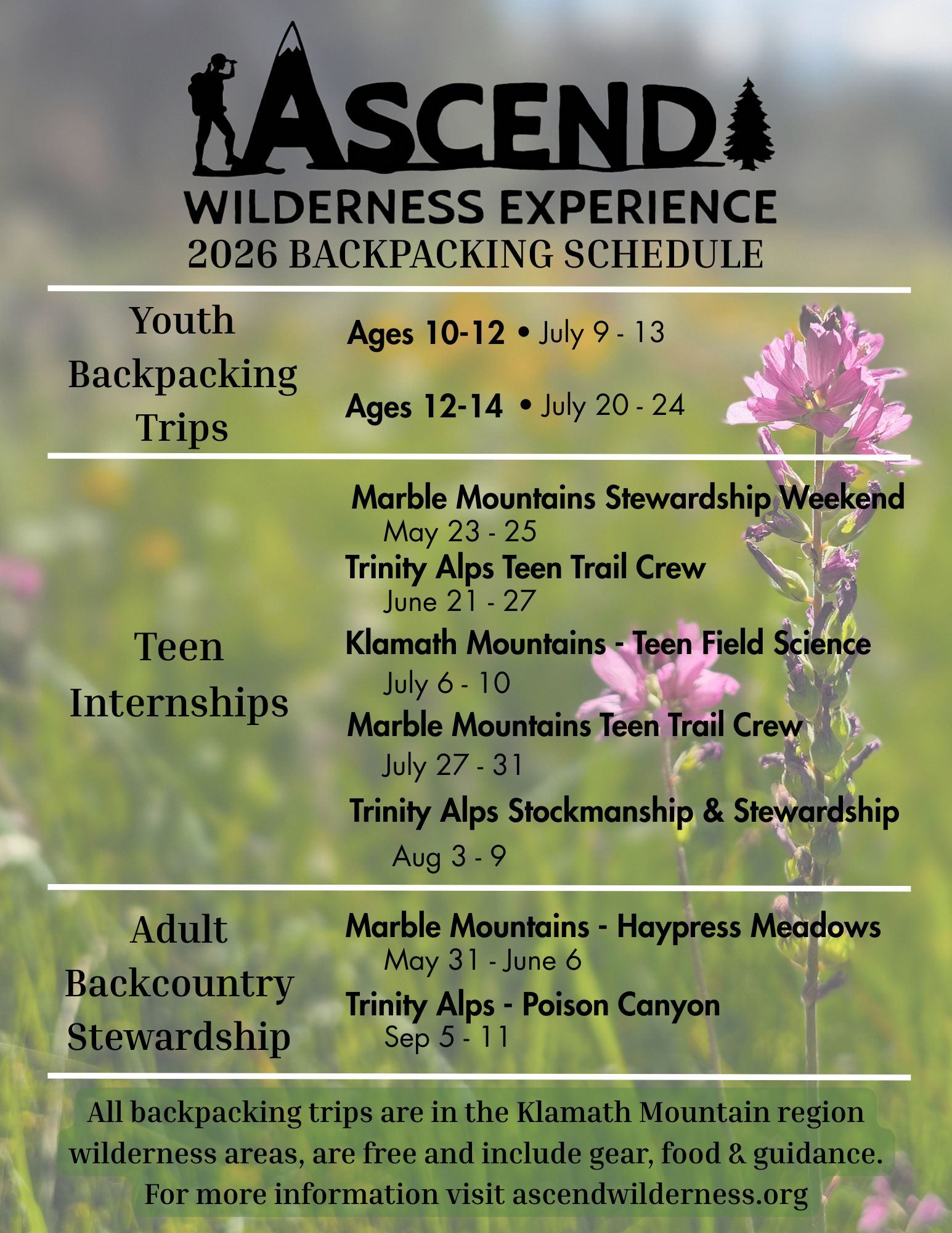 2026 Schedule Ascend Wilderness Experience 2026 Program Dates Flyer 