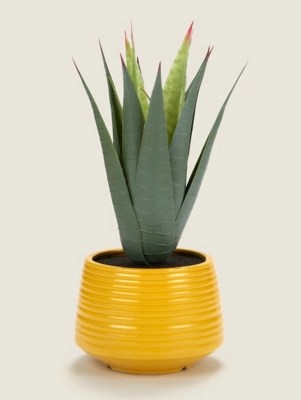 Realistic large faux aloe vera plant in a grey cement plant pot. Artificial Aloe In Yellow Plant Pot 29cm Home George At Asda