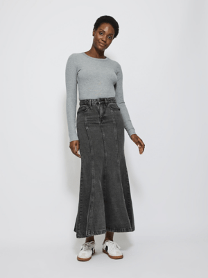 Black Flared Denim Midi Skirt Women George At Asda