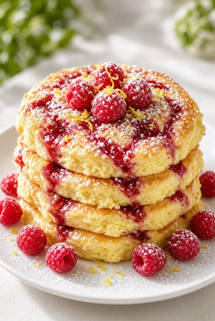Raspberry Swirl Lemon Ricotta Pancakes