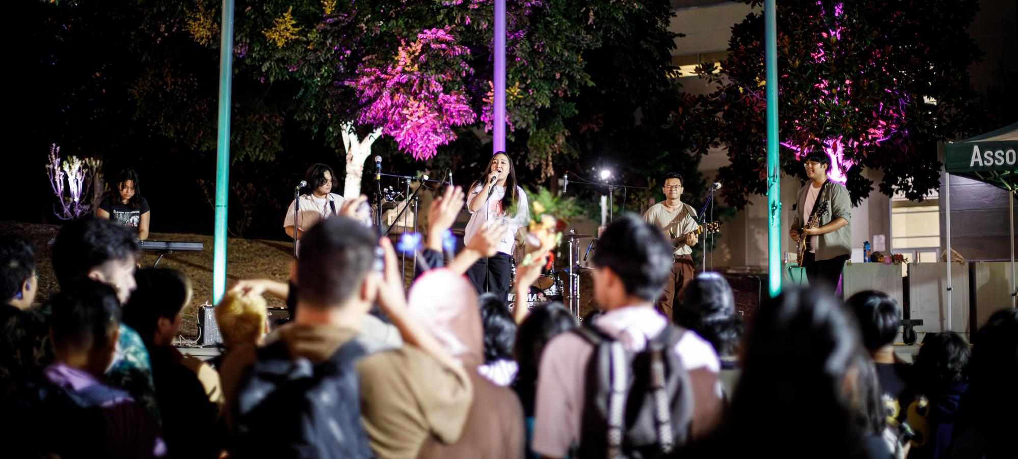 Crowd of people cheering at a concert