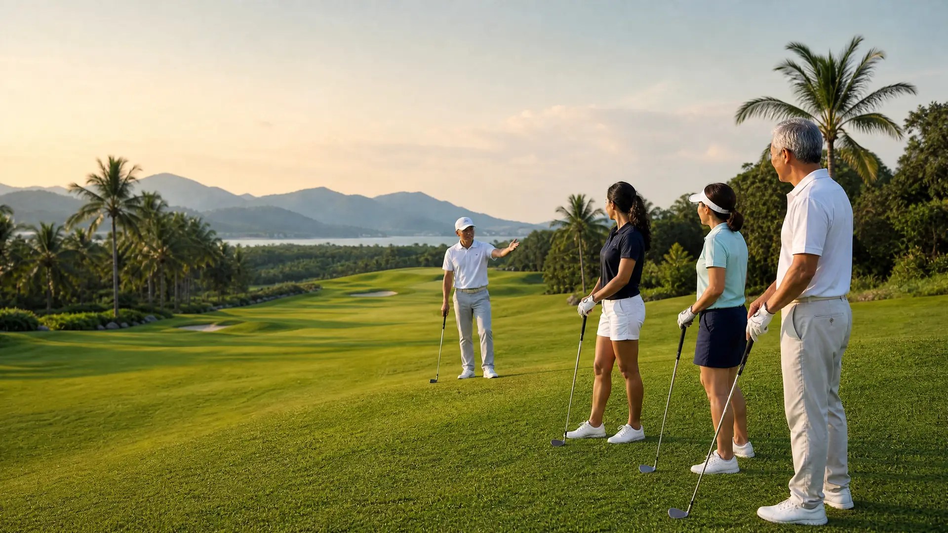 Adult beginner golfers enjoying a relaxed lesson on a tropical course