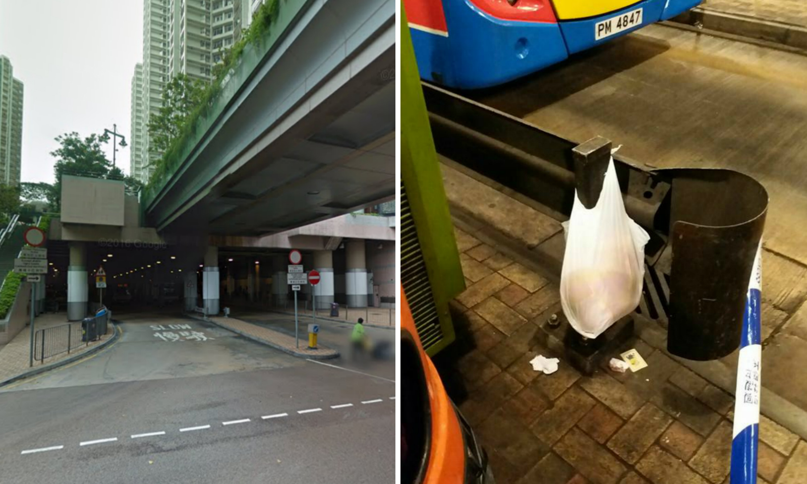 A cleaner saw a bag hanging on a metal fence at the South Horizons Bus Terminus. Photo: Google Map, Facebook/Simmons Chiang