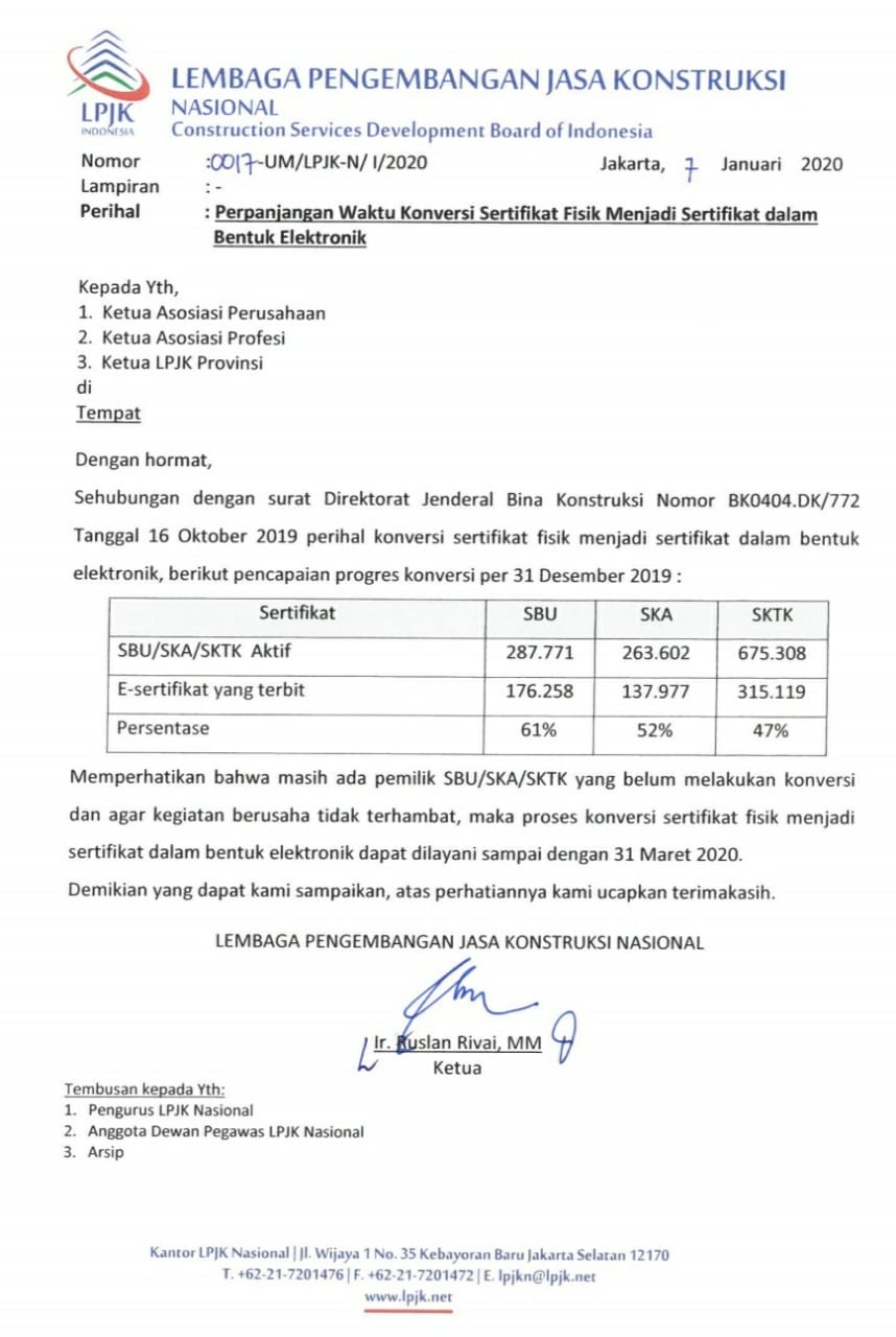 05/se/lpjk/vii/2021 tentang pedoman pemberian rekomendasi lisensi lembaga sertifikasi profesi (lsp), dan pencatatan lembaga sertifikasi profesi (lsp) terlisensi a. Perpanjangan Waktu Konversi Sbu Ska Skt Graha Askonas Kaltim