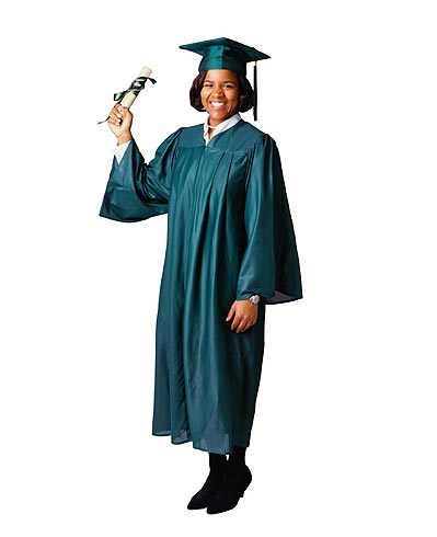 A person in a green graduation gown and cap smiles while holding a diploma in one hand against a white background, relieved and hopeful despite the weight of student loans.