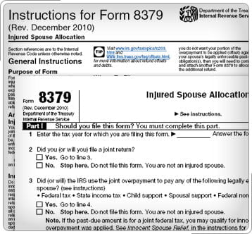 A document titled "Instructions for Form 8379 (Rev. December 2010)" from the IRS, focused on the "Injured Spouse Allocation" section with form-filling instructions for obtaining injured spouse relief.