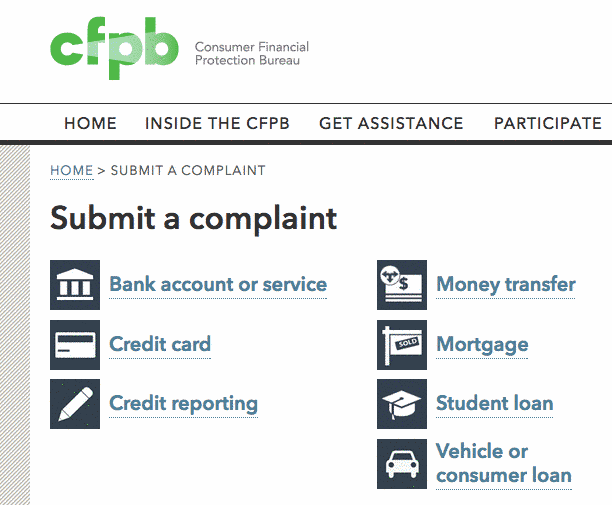 Screenshot of the Consumer Financial Protection Bureau's "Submit a Complaint" webpage, featuring categories for bank account or service, credit card, credit reporting, money transfer, mortgage, student loan, and vehicle or consumer loan complaints.
