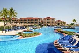 A large outdoor swimming pool with numerous blue lounge chairs, palm trees, and a multi-story building in the background under a clear summer sky.