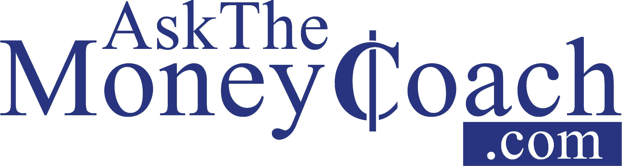 Ask The Money Coach dot com logo with dark blue serif text and a stylized cent symbol replacing the letter 'a' in 'Coach'.