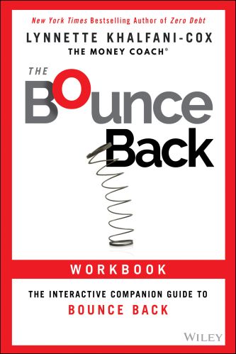 Cover of "The Bounce Back Workbook" by Lynnette Khalfani-Cox, featuring a coiled spring illustration symbolic of financial resilience, perfect for those looking to bounce back and rebuild their credit or rework their budget with insight from a seasoned financial planner.