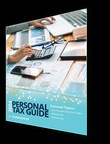 Cover of a "Personal Tax Guide" featuring a desk with a laptop, calculator, and documents, suggesting financial planning with insights from a seasoned financial planner.