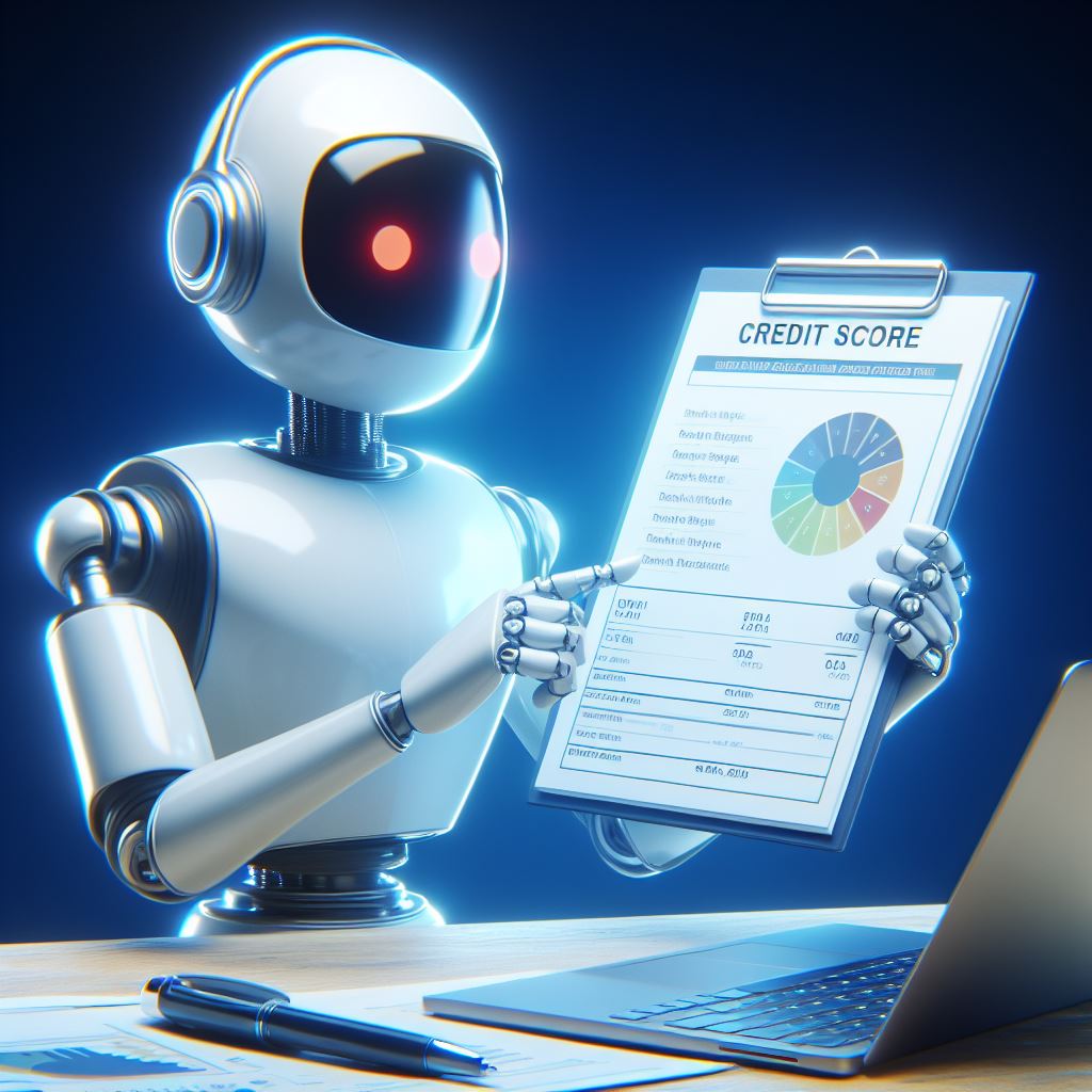A robot holding a clipboard with a VantageScore 4plus credit score chart sits at a desk with a laptop and pen.