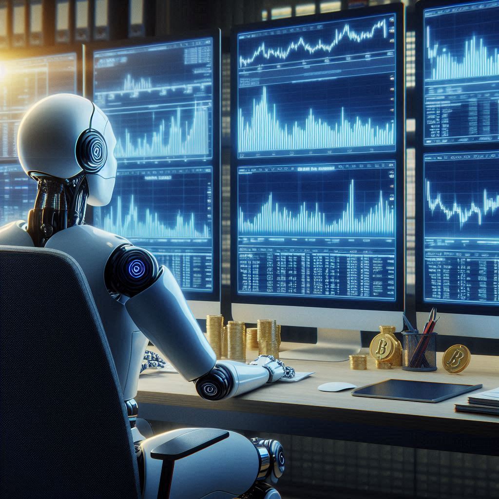 A robot sits in front of multiple computer screens displaying stock market charts, seamlessly executing automated investing strategies. Several stacks of gold coins and Bitcoin symbols are on the desk, capturing the essence of modern financial psychology.