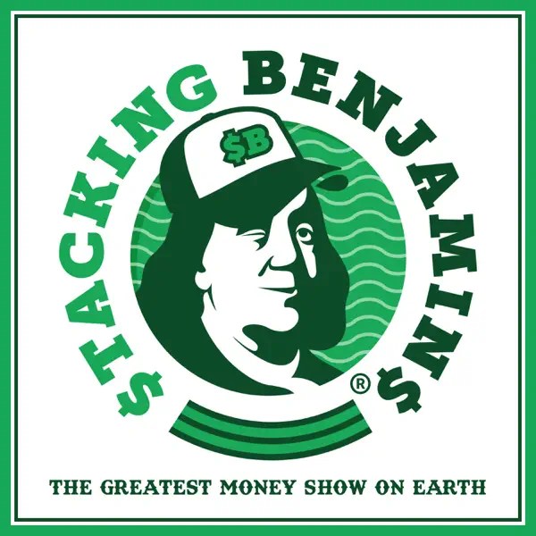 Logo for “Stacking Benjamins” featuring a cartoon Benjamin Franklin in a baseball cap with a dollar sign, surrounded by green text: “The Greatest Money Show on Earth,” inspired by the money coach Lynnette Khalfani-Cox.