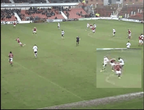 As Harris plays the ball in, Riley certainly doesn't look offside.