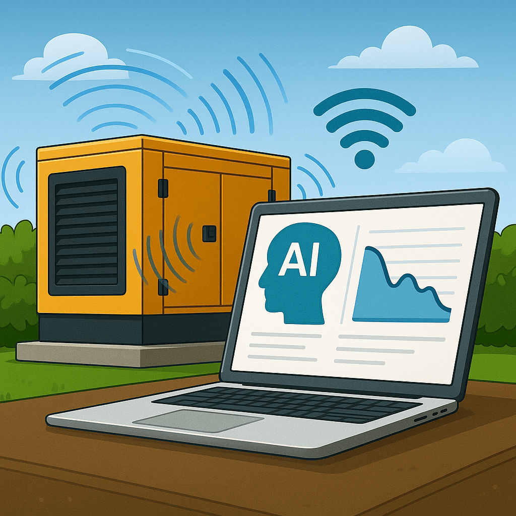 A laptop using AI noise-prediction software monitors a running diesel generator, with sound-wave signals illustrating machine-learning-based noise control.