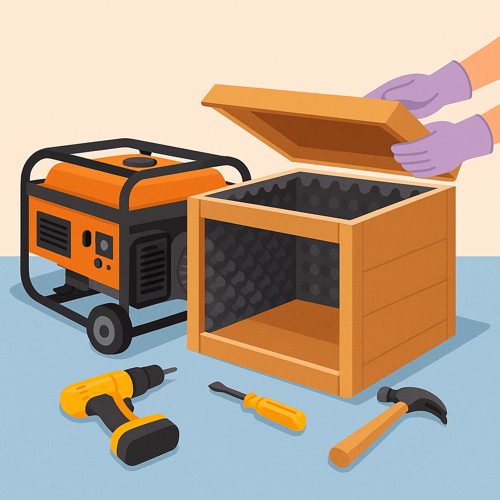 DIY generator soundproof box under construction using plywood panels and tools like drill and screwdriver; step-by-step home project to reduce generator noise.