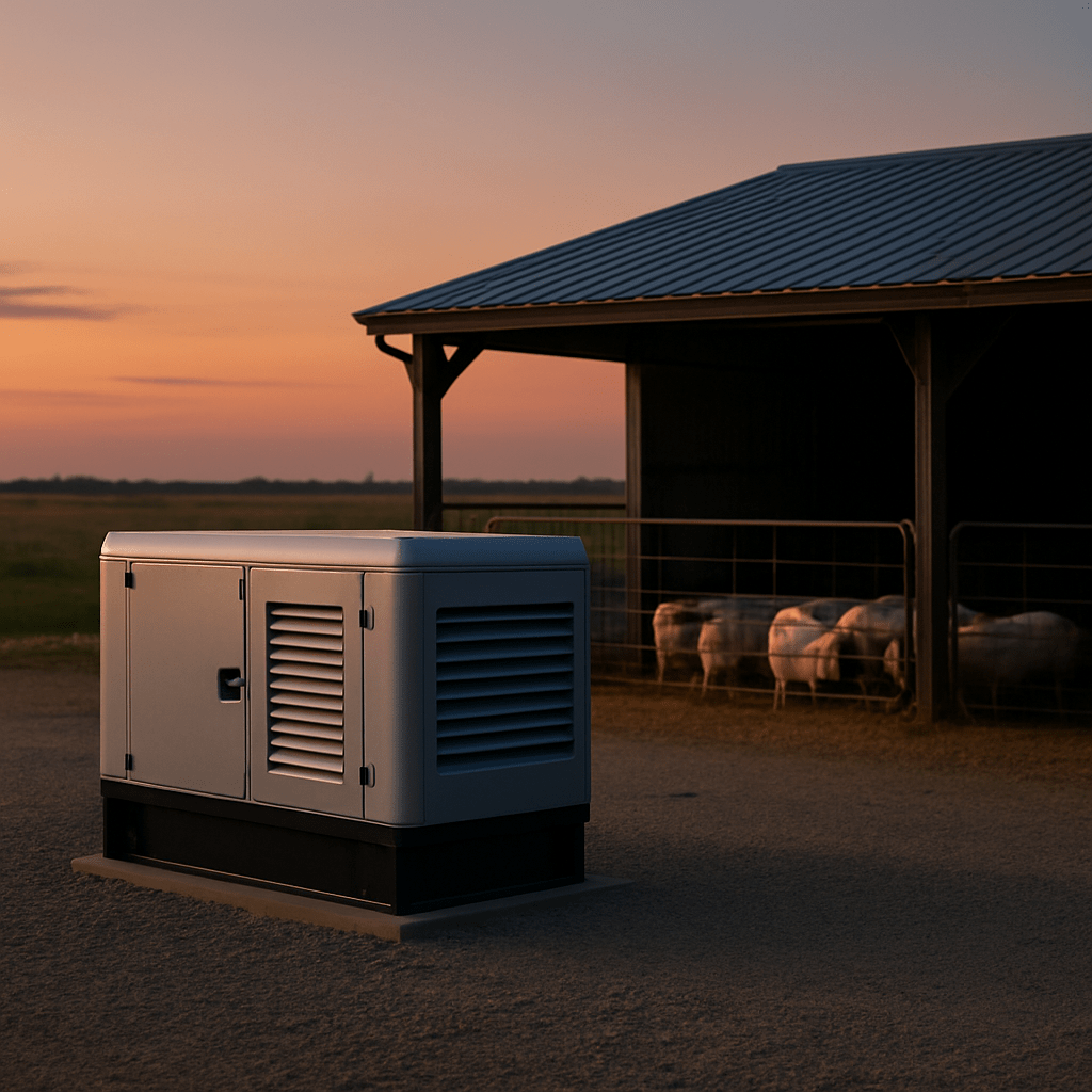 Backup diesel generator installed at a swine farm during sunset, providing reliable power for ventilation and feeding systems in rural pig housing facilities.