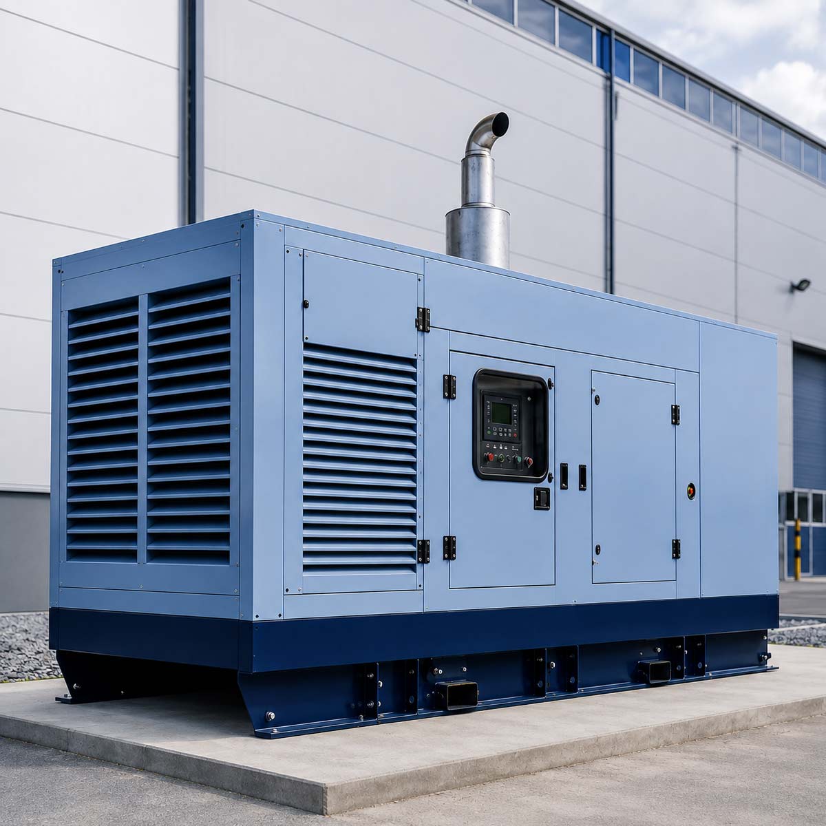 500 kVA diesel generator silent canopy — front three-quarter view showing exhaust stack, control panel access door, and dimensions