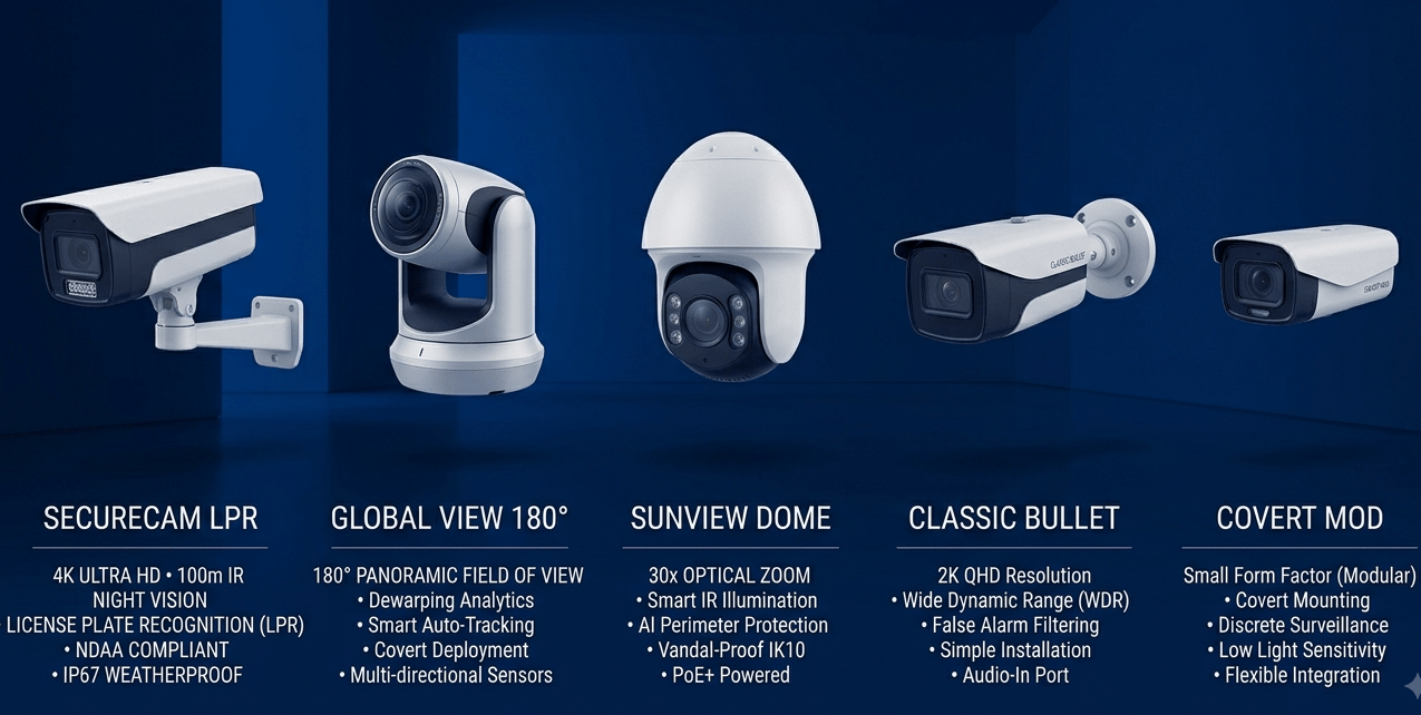 Five specialized commercial CCTV security cameras displaying a full specifications catalog for various professional surveillance models.