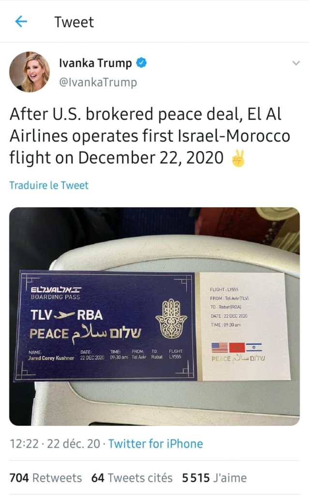 نجلة ترامب تنشر تذكرة كبير مستشاري البيت الأبيض في رحلته من إسرائيل للمغرب وتغرّد