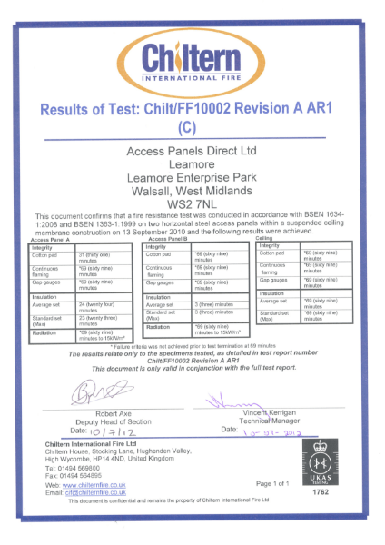 Fire test certificate for ceiling