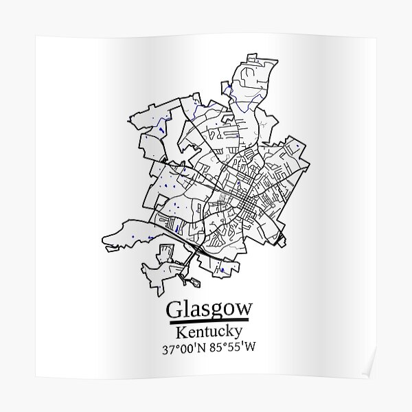 Glasgow Kentucky Road Map Art Blue Rivers And Dark Roads City Limits.