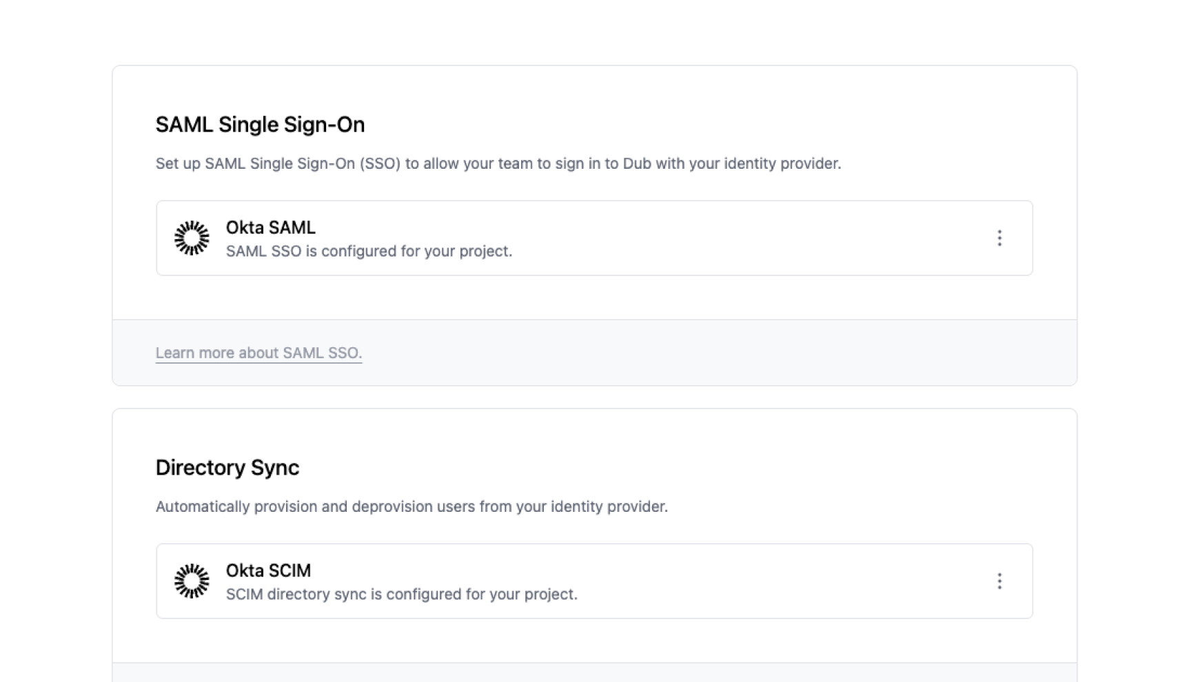 Dub collaboration screen with SAML single sign-on and directory sync settings