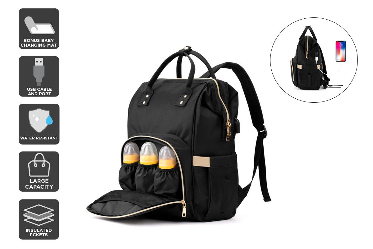 Dick Smith Nz Orbis Nappy Diaper Bag With Usb Charging Port Black Baby Care