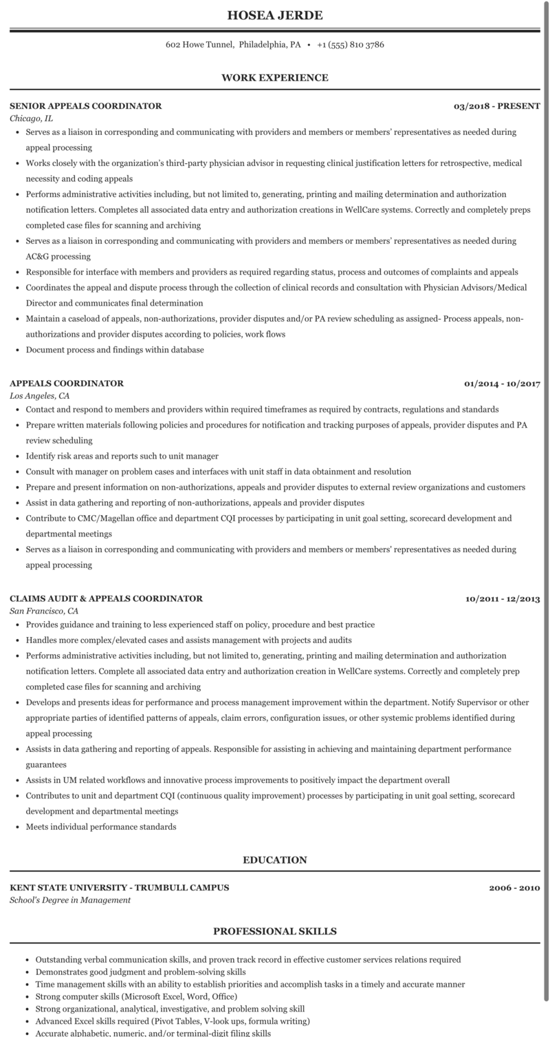 Appeals Coordinator Resume Sample Mintresume