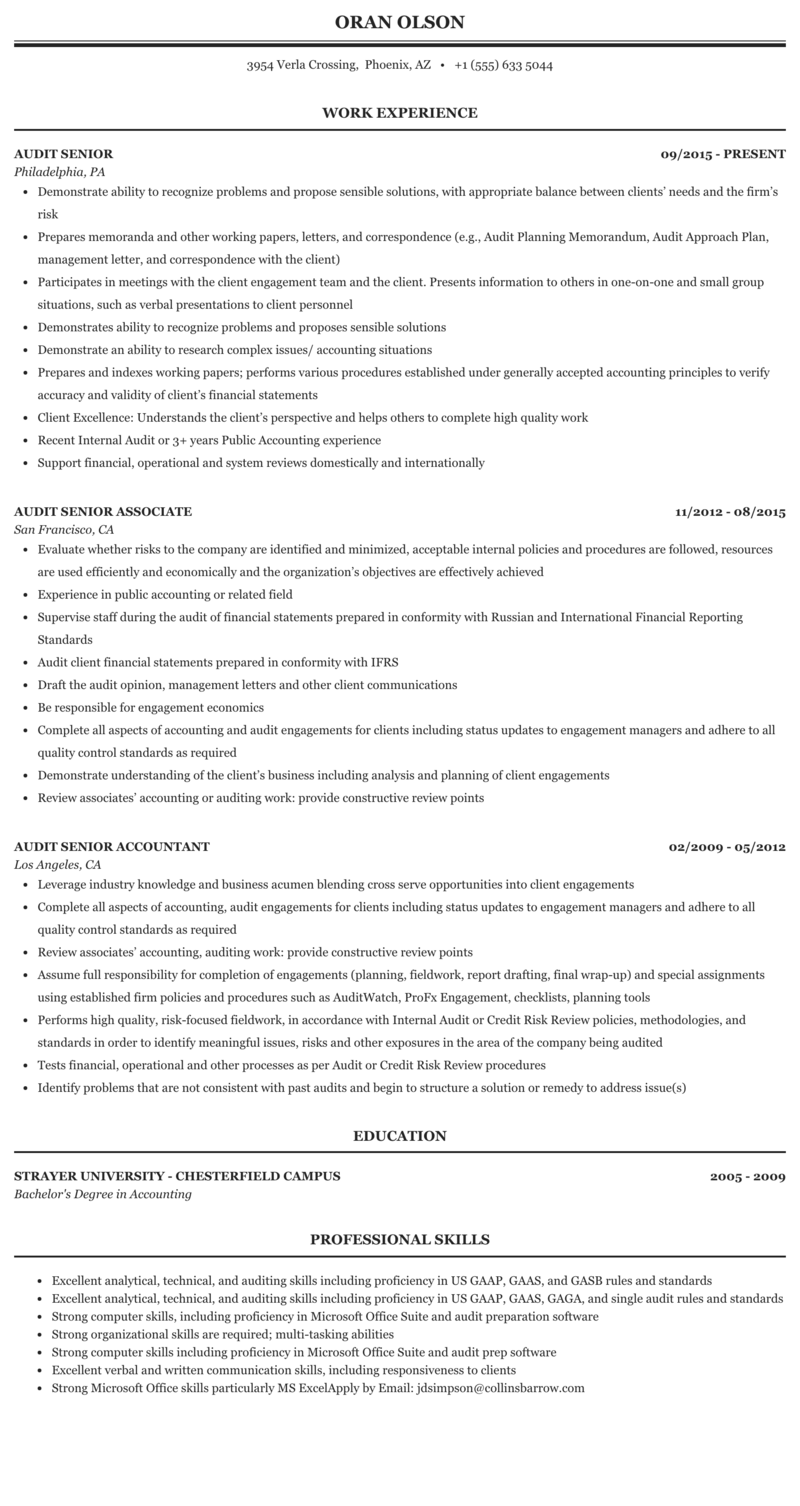 External auditor cv template · exceptional communication skills with the ability to report audit findings within professional circles and translate research into . Audit Senior Resume Sample Mintresume