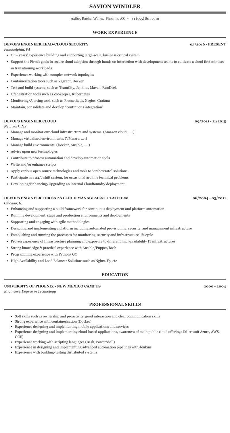 O technical knowledge in software development methodologies • collaborate with software development leaders to establish metrics that demonstrate security proficiency across all major deve. Devops Engineer Cloud Resume Sample Mintresume