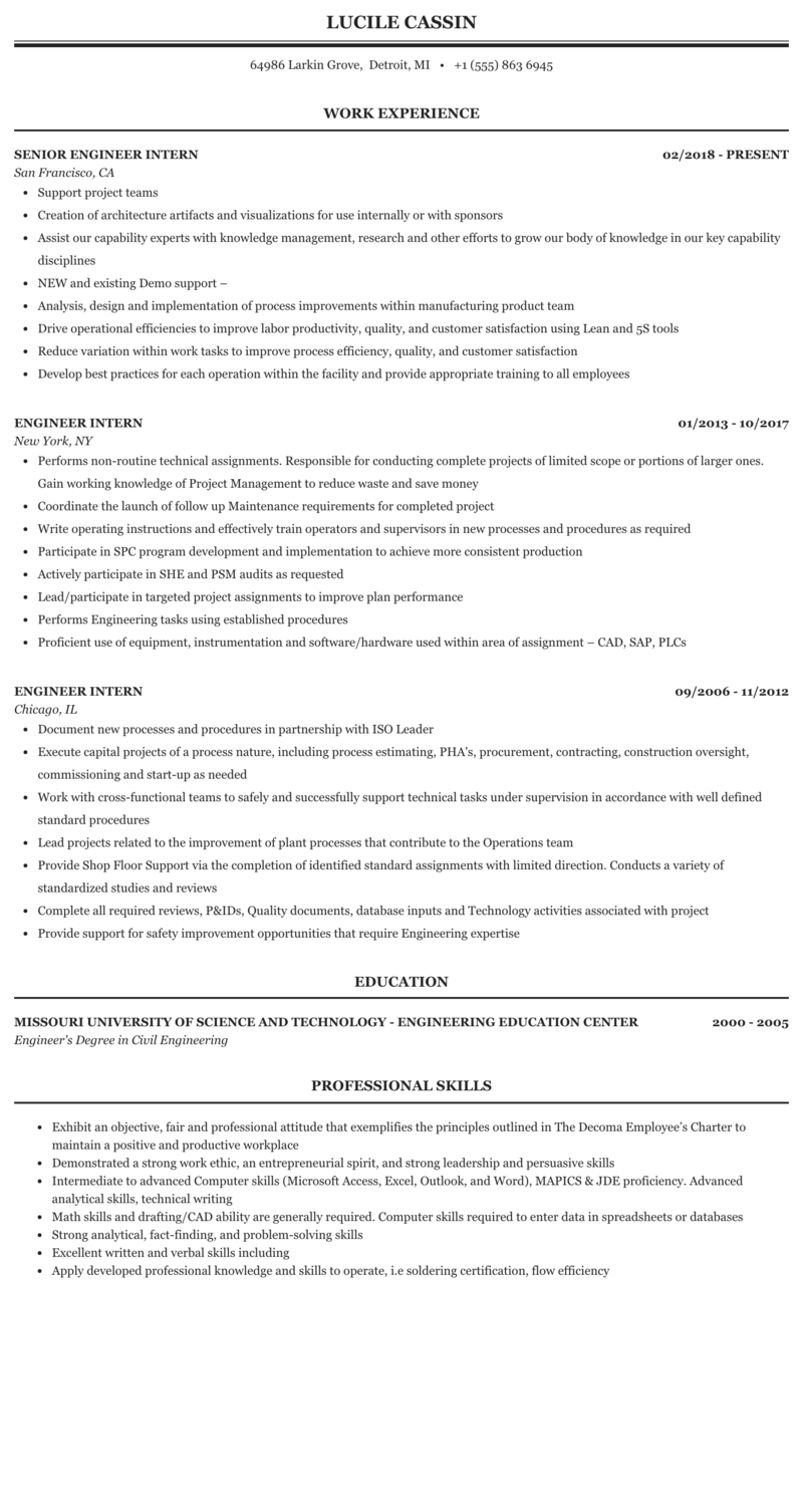 Engineer Intern Resume Sample Mintresume