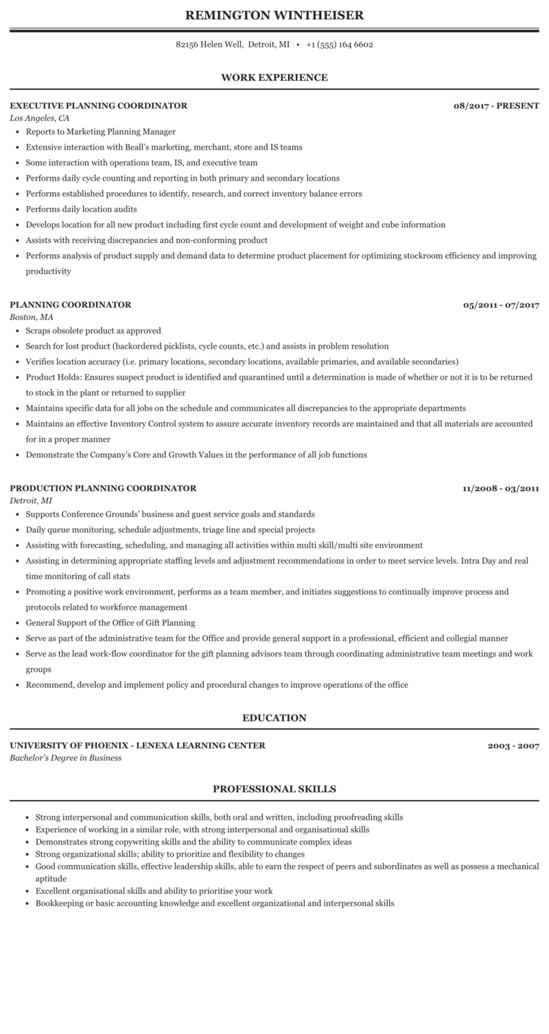 Planning Coordinator Resume Sample Mintresume