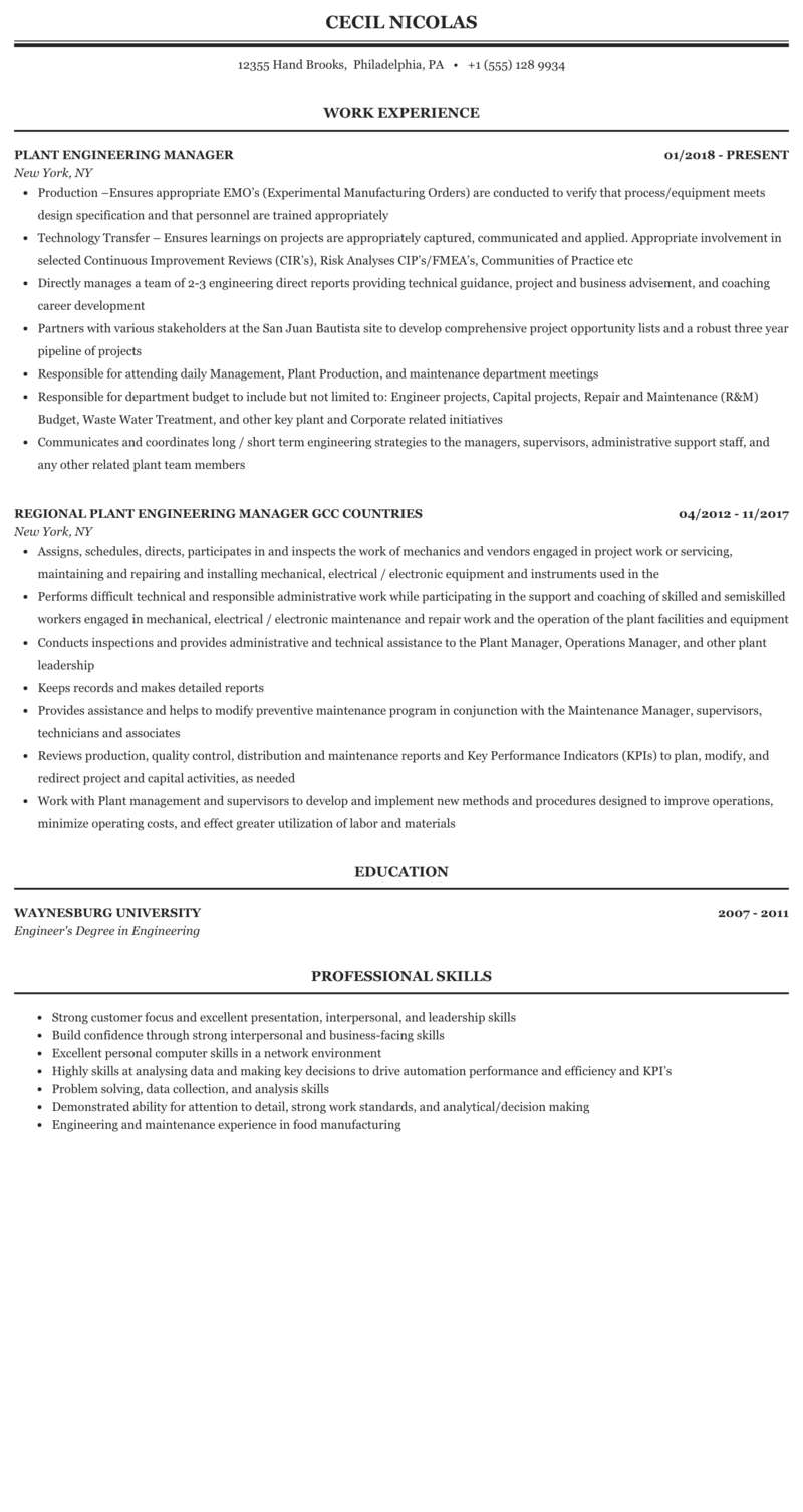 Plant Engineering Manager Resume Sample (2022)