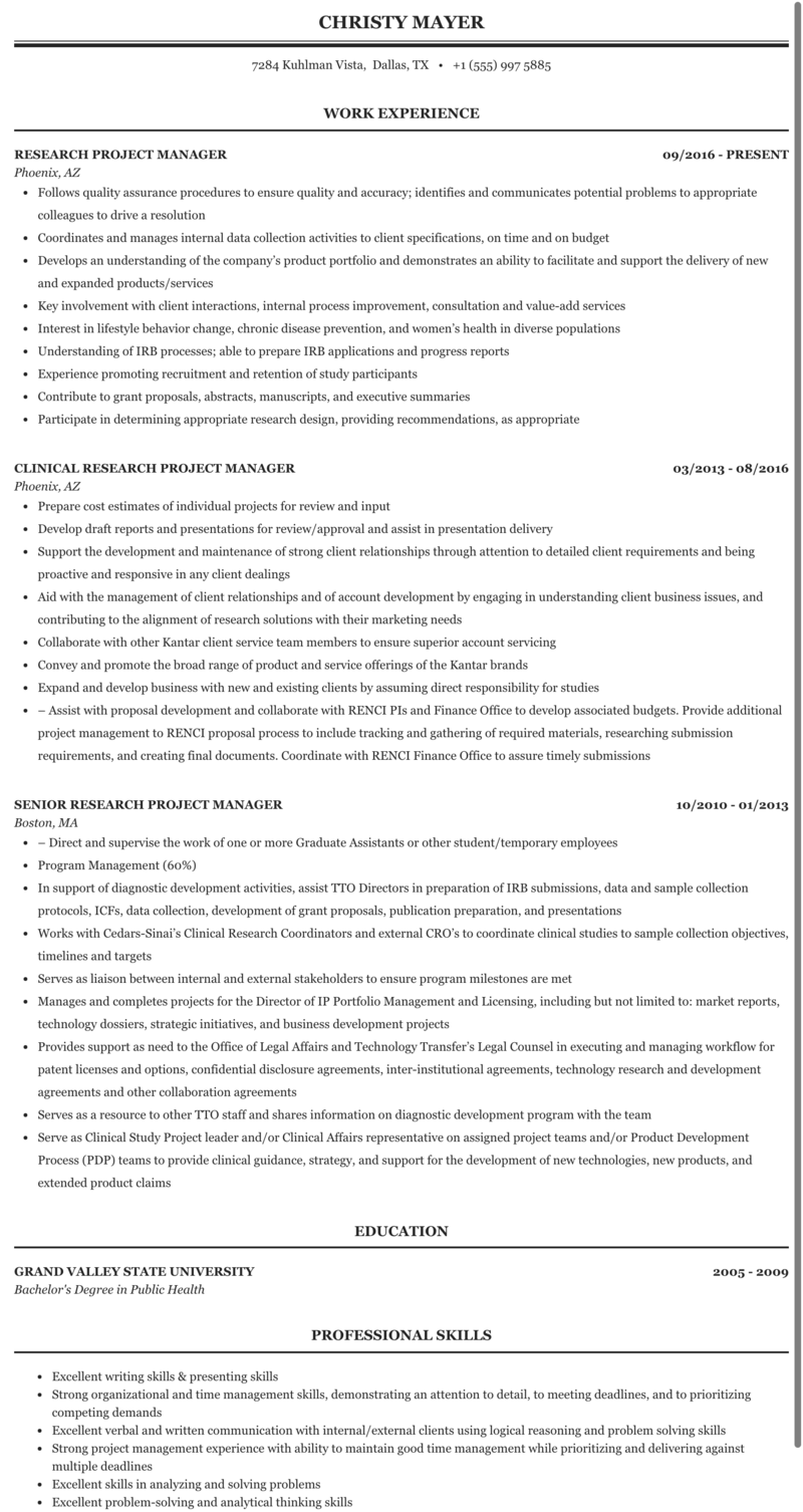 Research Project Manager Resume Sample 2023 