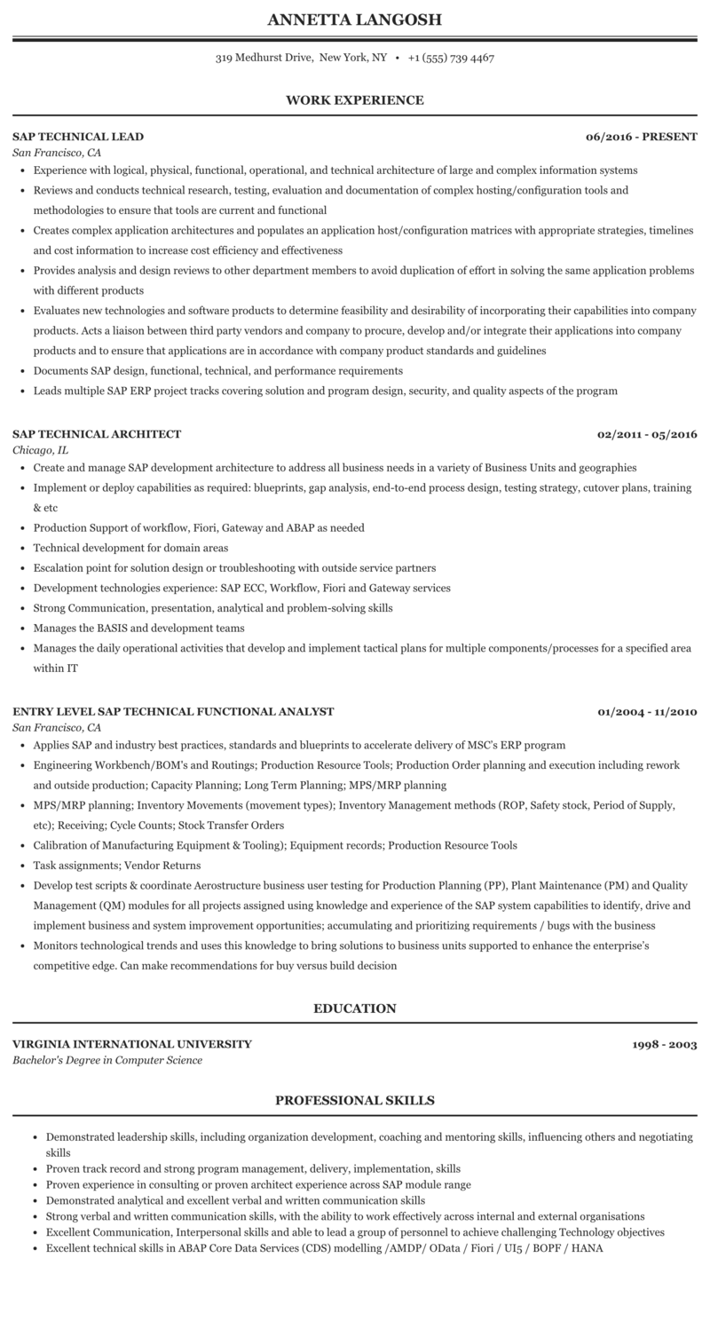 Sap Technical Resume Sample Mintresume
